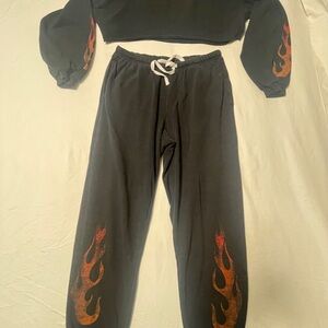 Garage Black Track Pants with Flame Design
